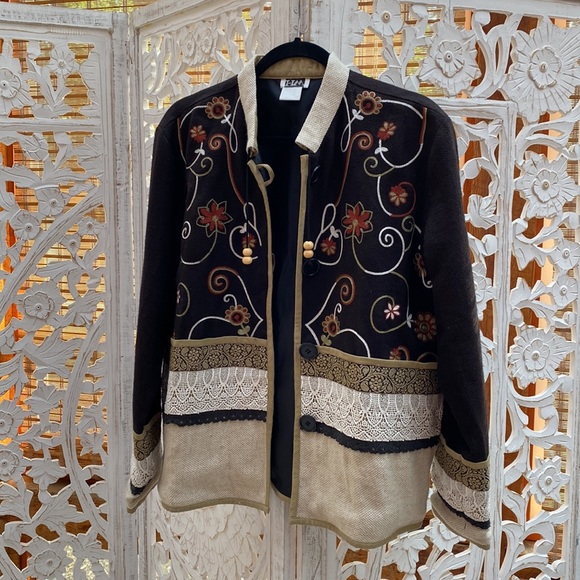 Funky retro vintage embroidered black lace burlap + floral coat jacket L-XL - Picture 3 of 16